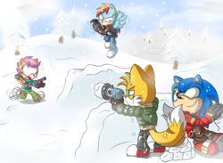 Size: 1246x914 | Tagged: dead source, safe, artist:atomiclance, miles "tails" prower, sonic the hedgehog, fox, hedgehog, abstract background, clothes, clouds, crossover, daytime, flying, group, holding something, looking at each other, looking at them, machinery, mobianified, my little pony, outdoors, pegasus, pointing, pony, rainbow dash, scootaloo, smile, snow, snow fort, snowball, snowball fight, snowball launcher, snowing, standing, tree, winter, winter outfit