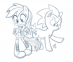 Size: 2048x1758 | Tagged: safe, artist:jens_drawings, sonic the hedgehog, 2020, blushing, clothes, crossover, duo, ear fluff, frown, line art, mobianified, monochrome, mouth open, my little pony, ponified, pony, rainbow dash, signature, simple background, species swap, standing, white background