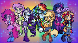 Size: 2169x1200 | Tagged: safe, artist:moesisterson, 2019, alicorn, alternate mane seven, applejack, barely sonic related, clothes, crossover, earth pony, fluttershy, group, mane six (mlp), mobianified, my little pony, pegasus, pinkie pie, pony, rainbow dash, rarity, signature, smile, sparkles, standing, sunset shimmer, twilight sparkle, uekawa style, unicorn