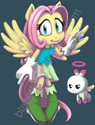 Size: 800x1051 | Tagged: safe, artist:blazetbw, chao, 2012, angel bunny, barely sonic related, blue background, chaoified, crossover, duo, fluttershy, frown, grumpy, hero chao, lineless, looking at viewer, mobianified, my little pony, obtrusive watermark, pegasus, pony, signature, simple background, smile, standing, watermark, waving