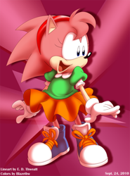 Size: 600x813 | Tagged: safe, artist:blazetbw, amy rose, 2010, abstract background, classic amy, looking offscreen, mouth open, shadow (lighting), signature, smile, solo, standing