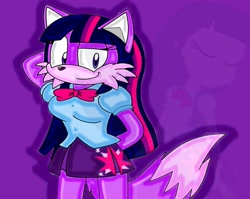 Size: 1001x797 | Tagged: dead source, safe, artist:sparklesthestarfox, fox, abstract background, barely sonic related, crossover, hand behind back, hand behind head, looking at viewer, mobianified, my little pony, smile, solo, species swap, standing, twilight sparkle