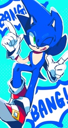 Size: 1097x2048 | Tagged: safe, artist:omiso_05_, sonic the hedgehog, 2025, blue background, dialogue, english text, fingergun, looking at viewer, mouth open, outline, pointing, simple background, smile, solo, wink