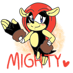 Size: 1250x1250 | Tagged: safe, artist:star-babu, mighty the armadillo, 2018, abstract background, blushing, character name, fingerless gloves, hand on hip, looking at viewer, smile, solo, standing