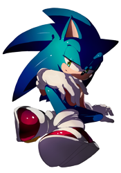 Size: 544x777 | Tagged: safe, artist:icen-hk, sonic the hedgehog, 2017, hand on knee, lidded eyes, looking at viewer, outline, simple background, sitting, smile, solo, transparent background