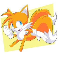 Size: 1500x1500 | Tagged: safe, artist:florynrosee, miles "tails" prower, 2024, abstract background, clenched fist, looking back, looking offscreen, mouth open, solo, sparkles, standing