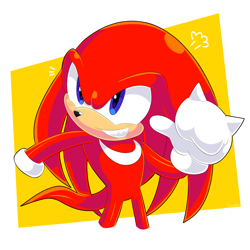 Size: 1500x1500 | Tagged: safe, artist:florynrosee, knuckles the echidna, 2024, abstract background, clenched fist, clenched teeth, looking offscreen, smile, solo, standing