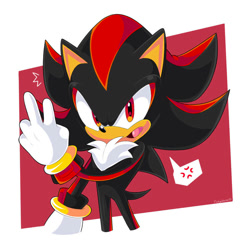 Size: 894x894 | Tagged: safe, artist:florynrosee, shadow the hedgehog, abstract background, backwards v sign, cross popping vein, solo, v sign