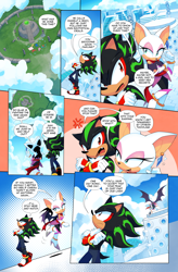 Size: 3000x4578 | Tagged: safe, artist:drawloverlala, amy rose, knuckles the echidna, miles "tails" prower, robotnik, rouge the bat, sally acorn, shadow the hedgehog, sonic the hedgehog, bat, chipmunk, echidna, fox, hedgehog, human, hybrid, comic:sonic world travel, metropolis zone, angel island, au:sonic world travel, cross popping vein, earring, eggmobile, green power pattern, kitsune, master emerald