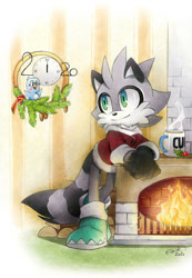 Size: 900x1301 | Tagged: safe, artist:finikart, flicky, oc, oc:stripes the raccoon, 2020, clock, coffee, fireplace, gloves off, male, solo, striped tail, sweater, turquoise eyes