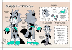 Size: 1024x714 | Tagged: safe, artist:finikart, silver the hedgehog, sonic the hedgehog, oc, oc:stripes the raccoon, raccoon, comic:heroes come back, belt, black ears, black fur, blade, blue eyes, bolt, character name, character sheet, cheese crackers, coffee, dislikes, fingerless gloves, grey fur, larry lynx, likes, model sheet, reference sheet, seaweed, sharp teeth, signature, smile, sneakers, striped tail, turquoise eyes, vest, white fur, wink