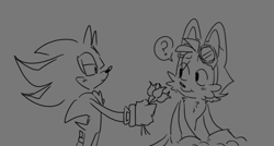 Size: 776x417 | Tagged: safe, artist:iluskonai, miles "tails" prower, shadow the hedgehog, 2024, blushing, cute, duo, flower, frown, gay, goggles, grey background, holding something, lidded eyes, line art, looking at each other, monochrome, offering flower, question mark, shadow x tails, shadowbetes, shipping, simple background, smile, tailabetes, tulip