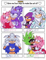 Size: 1000x1294 | Tagged: safe, artist:s0dapr1nce, amy rose, blaze the cat, espio the chameleon, silver the hedgehog, sonic the hedgehog, surge the tenrec, 2025, amy x blaze, beanbrows, english text, four fanarts, gay, heart, lesbian, meme, shipping, shipping denied, silvio, smile, sonilver, surgamy