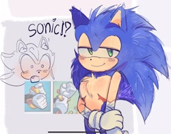 Size: 1878x1470 | Tagged: safe, artist:mokaturu_ma, shadow the hedgehog, sonic the hedgehog, 2025, abstract background, blushing, chest fluff, cute, dialogue, duo, gay, lidded eyes, reference inset, shadow x sonic, shipping, signature, smile, sonabetes, standing, top surgery scars, trans male, transgender