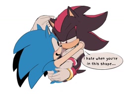 Size: 1343x1015 | Tagged: safe, artist:sonicnewunivers, shadow the hedgehog, sonic the hedgehog, 2025, dialogue, duo, english text, gay, holding each other, looking at each other, shadow x sonic, shipping, simple background, white background