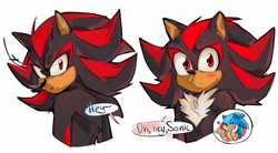 Size: 2048x1128 | Tagged: safe, artist:scheparat, shadow the hedgehog, sonic the hedgehog, 2025, blushing, dialogue, english text, gay, shadow x sonic, shipping, simple background, solo focus, speech bubble, turning around, white background