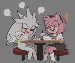 Size: 1277x1071 | Tagged: safe, artist:pybst3r, amy rose, silver the hedgehog, 2025, alternate outfit, chair, drink, duo, eyes closed, grey background, laughing, mouth open, simple background, sitting, smoothie, table, talking