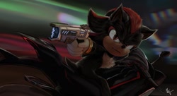 Size: 1325x719 | Tagged: safe, artist:msvartzy, shadow the hedgehog, sonic the hedgehog 3 (film), 2025, abstract background, gun, holding something, motorcycle, outdoors, solo