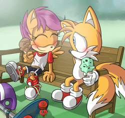 Size: 1748x1647 | Tagged: dead source, safe, artist:atomiclance, miles "tails" prower, abstract background, bench, blushing, crossover, duo, eyes closed, food, helmet, ice cream, looking at them, mobianified, my little pony, outdoors, pegasus, pony, scootaloo, scooter, smile