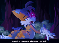 Size: 1900x1372 | Tagged: safe, artist:anouckyshim, miles "tails" prower, 2022, abstract background, bush, dialogue, duo, english text, lidded eyes, looking at viewer, mouth open, nighttime, one fang, outdoors, redraw, shine, shrugging, smile, talking, there's something about amy, tree