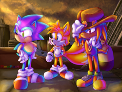 Size: 3200x2400 | Tagged: safe, artist:colourpastelpuppy, knuckles the echidna, miles "tails" prower, sonic the hedgehog, sonic the ova, 2023, abstract background, clouds, hat, holding something, looking offscreen, outdoors, redraw, sack, standing, trio