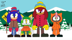 Size: 1280x720 | Tagged: safe, artist:s0nicy2k, amy rose, knuckles the echidna, miles "tails" prower, sonic the hedgehog, 2023, abstract background, clothes, cosplay, crossover, daytime, eric cartman, flat colors, frown, group, kenny mccormick, kyle broflovski, mountain, outdoors, road sign, sign, signature, snow, south park, stan marsh, standing, tree