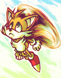 Size: 600x764 | Tagged: safe, artist:littlemotorcar, miles "tails" prower, 2011, abstract background, clenched fists, flying, frown, looking up, solo, spinning tails