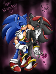 Size: 600x800 | Tagged: safe, artist:mino-the-cat, shadow the hedgehog, sonic the hedgehog, 2012, abstract background, birthday, blushing, duo, english text, flower, frown, gay, holding each other, holding something, lidded eyes, one eye closed, petal, rose, shadow x sonic, shipping, signature, smile, standing, stupid sexy shadow, stupid sexy sonic