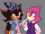 Size: 3259x2501 | Tagged: safe, artist:shadpiokisses, espio the chameleon, shadow the hedgehog, sonic and the black knight, the murder of sonic the hedgehog, 2025, blushing, duo, gay, grey background, holding something, paper, scar, shadpio, shipping, simple background, sir lancelot, smile, standing
