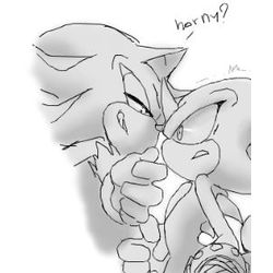 Size: 250x250 | Tagged: artist needed, source needed, suggestive, espio the chameleon, shadow the hedgehog, clenched teeth, dialogue, duo, english text, finger under chin, flirting, gay, greyscale, lidded eyes, looking at each other, monochrome, shadpio, shipping, smile, surprised