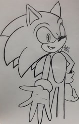 Size: 1017x1600 | Tagged: safe, artist:sonikera19xd, sonic the hedgehog, 2023, hand out, line art, looking at viewer, monochrome, mouth open, signature, smile, solo, standing, traditional media, wink