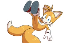 Size: 1248x702 | Tagged: safe, artist:seen023hey, miles "tails" prower, 2025, cute, legs up, looking at viewer, mouth open, simple background, smile, solo, white background