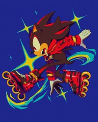 Size: 1258x1570 | Tagged: safe, artist:tanukiracoon427, shadow the hedgehog, 2025, blue background, jacket, looking offscreen, rollerskates, signature, simple background, skating, solo, sparkles