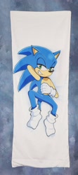 Size: 909x2048 | Tagged: safe, artist:senshion, sonic the hedgehog, 2025, clenched teeth, dakimakura, lidded eyes, looking at viewer, lying down, smile, solo