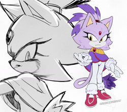 Size: 1700x1500 | Tagged: safe, artist:screaminjayfawn, blaze the cat, 2025, frown, looking at viewer, looking offscreen, redesign, signature, simple background, solo, white background