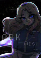 Size: 1448x2048 | Tagged: safe, artist:faburin, artist:faburinrin, maria robotnik, human, sonic adventure 2, 2024, abstract background, english text, eye clipping through hair, eyebrow clipping through hair, glitch, glowing eyes, looking at viewer, smile, solo, standing