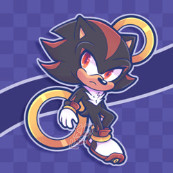 Size: 1000x1000 | Tagged: safe, artist:faburin, artist:faburinrin, shadow the hedgehog, 2024, abstract background, cute, frown, looking up, outline, ring, signature, solo