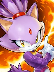 Size: 1500x2000 | Tagged: safe, artist:merlotart, blaze the cat, cat, 2025, abstract background, female, fire, frown, looking at viewer, pointing, solo