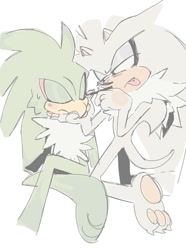 Size: 749x1009 | Tagged: safe, artist:funnybonesfunny, jet the hawk, silver the hedgehog, 2025, barefoot, duo, eyeliner, eyes closed, flat colors, gay, looking at them, pawpads, paws, shipping, silvet, simple background, sweatdrop, tongue out, white background