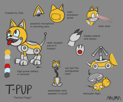 Size: 1200x1000 | Tagged: safe, artist:dragonswirl, t-pup, 2023, character name, english text, flat colors, grey background, lazer beam, mouth open, paws, propeller, reference sheet, robot, simple background, smile, solo, tongue out