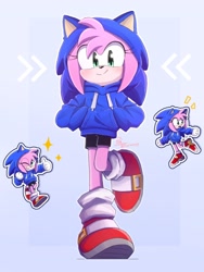 Size: 1536x2048 | Tagged: safe, artist:puriwryyy, sonic the hedgehog, 2025, amybetes, blushing, cosplay, cute, gradient background, hands in pocket, hoodie, kigurumi, smile, solo, sparkles, standing, standing on one leg, thumbs up