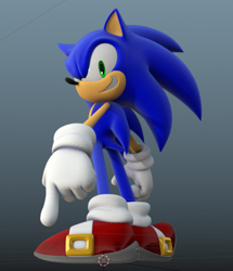 Size: 572x664 | Tagged: safe, artist:jkbowden_, sonic the hedgehog, 2025, 3d, clenched teeth, gradient background, looking at viewer, looking back, looking back at viewer, smile, solo, standing