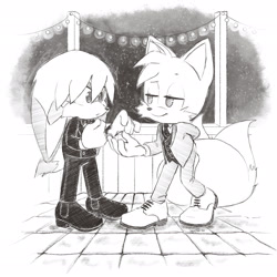 Size: 2048x2048 | Tagged: safe, artist:squorkalart, kit the fennec, miles "tails" prower, 2025, abstract background, duo, gay, hand behind back, hand out, kitails, lidded eyes, lights, looking at each other, monochrome, mouth open, outdoors, shipping, smile, sparkles, standing, suit