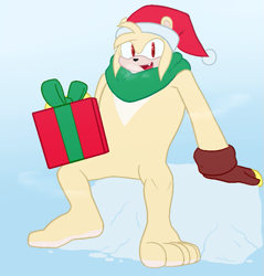 Size: 831x869 | Tagged: safe, artist:midnightmuser, artist:thanu, bark the polar bear, 2020, 2023, barefoot, christmas, christmas hat, flat colors, gradient background, looking at viewer, one fang, paws, present, scarf, sitting, smile, solo