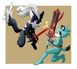 Size: 2023x1821 | Tagged: safe, artist:tailverpop, infinite the jackal, 2022, barefoot, beige background, border, cortez, duo, fight, glowing eyes, heterochromia, humanoid feet, looking at each other, mid-air, mouth open, simple background, standing, sword