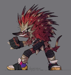 Size: 640x671 | Tagged: safe, artist:dddeerbo, knuckles the echidna, clenched fists, clenched teeth, fingerless gloves, grey background, looking offscreen, signature, simple background, solo, standing