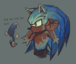 Size: 1068x891 | Tagged: safe, artist:dddeerbo, sonic the hedgehog, arm fluff, english text, gloves off, grey background, looking offscreen, pout, reference inset, shorts, simple background, solo, standing