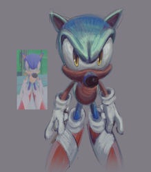 Size: 640x731 | Tagged: safe, artist:dddeerbo, sonic the hedgehog, faic, grey background, redraw, reference inset, simple background, solo, standing