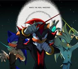 Size: 2048x1808 | Tagged: safe, artist:iriiririii111, shadow the hedgehog, silver the hedgehog, sonic the hedgehog, 2025, abstract background, baton, frown, glowing eyes, holding something, lidded eyes, looking at viewer, moon, standing, star (sky), suit, trio