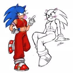 Size: 2048x2048 | Tagged: safe, artist:casuveni, sonic the hedgehog, blushing, bubble, bubblegum, hand on hip, line art, looking at viewer, looking offscreen, pointing, signature, simple background, sitting, smile, solo, standing on one leg, trans female, transgender, white background